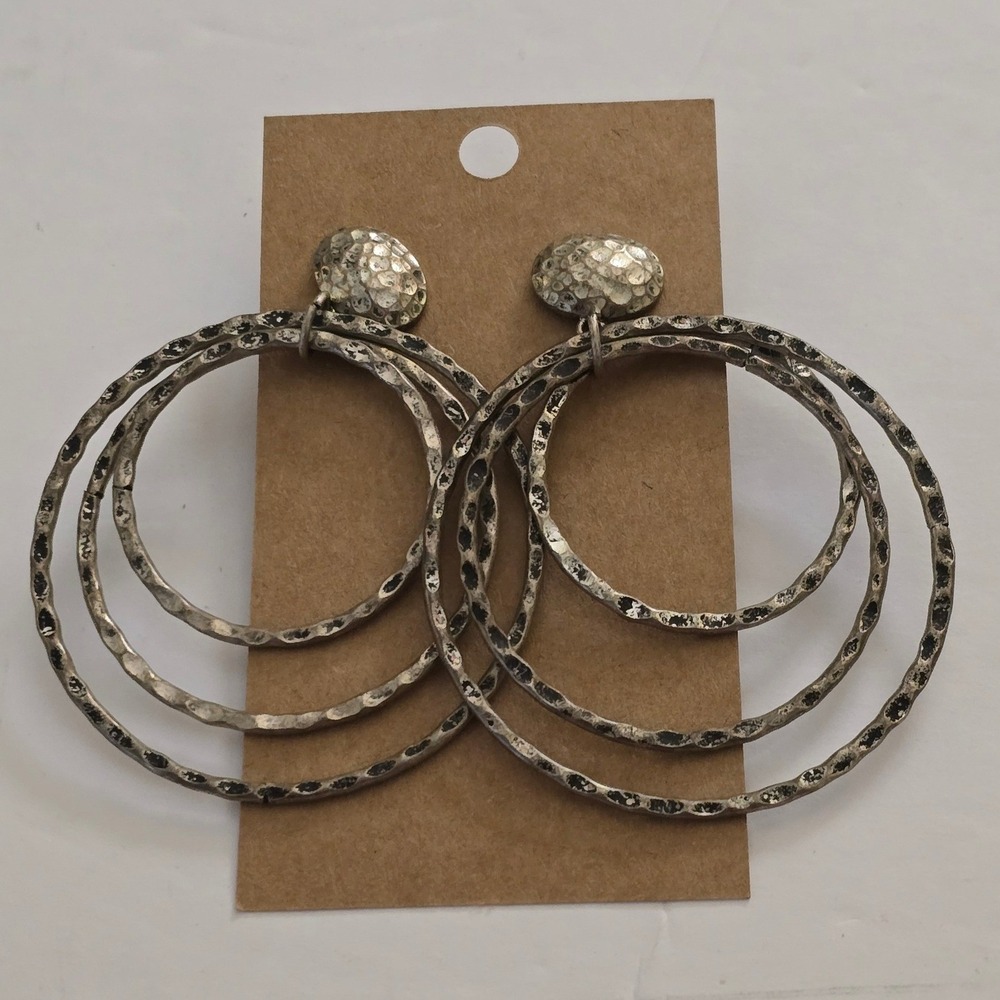 Hammered Silver Tone Triple Hoop Drop Earrings Bohemian Textured Statement Studs